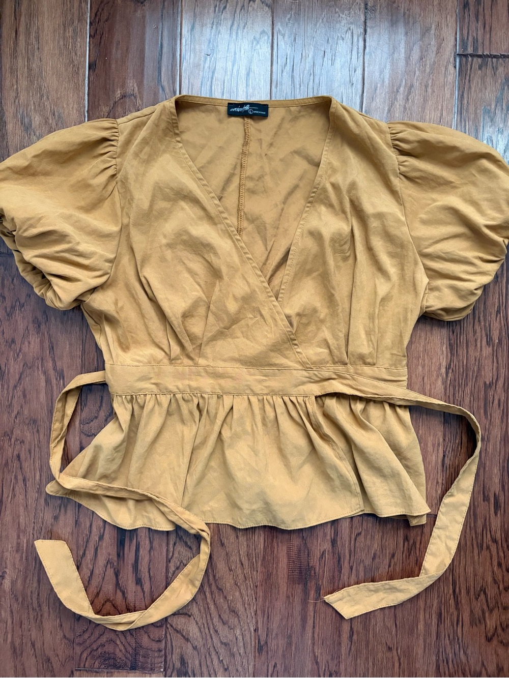On Twelfth Wrap Peplum Blouse in Mustard with Puff Sleeves